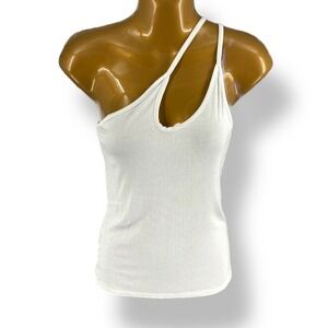Enza Costa White‎ Ribbed One Shoulder Tank M Made in USA Silk Blend Quiet Luxury